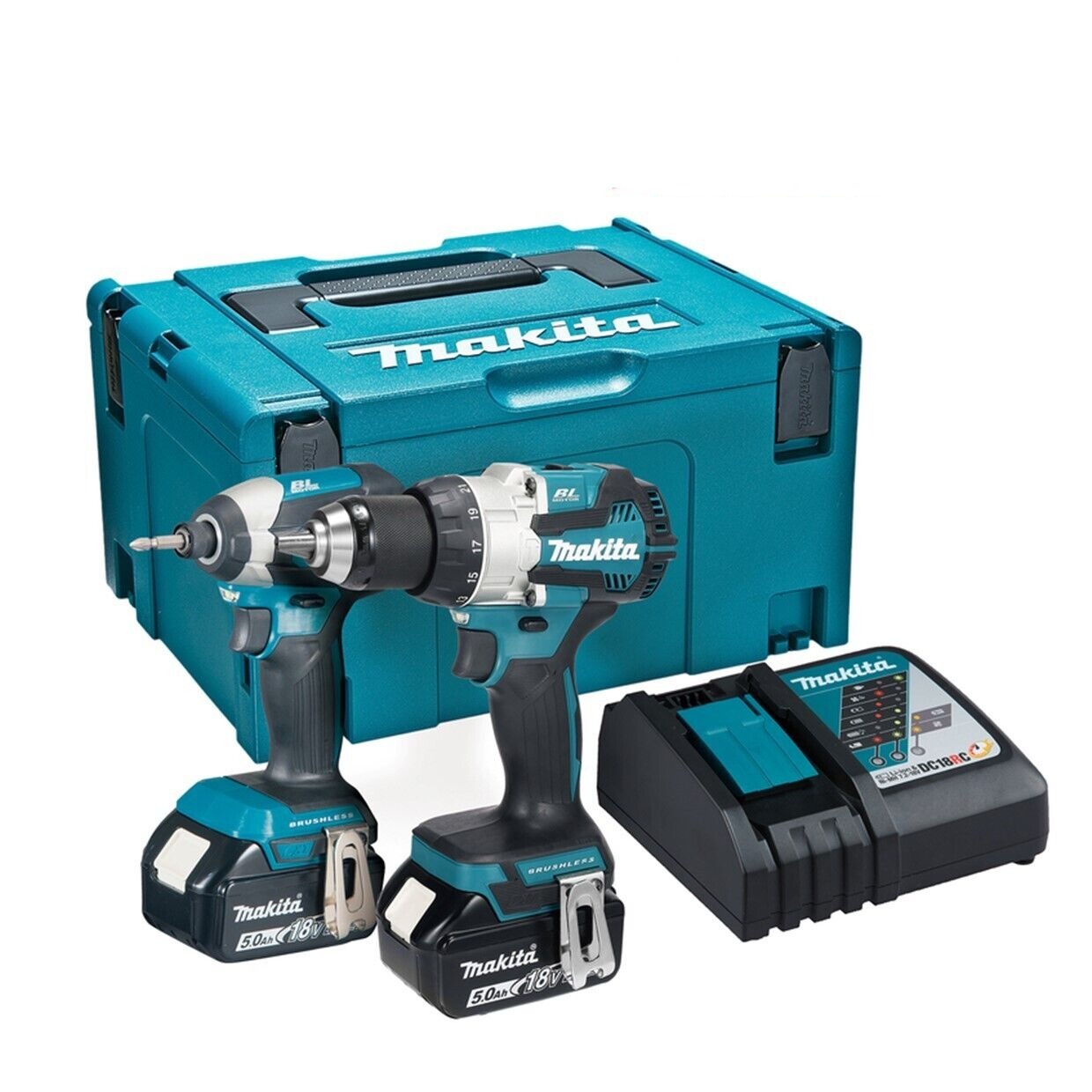 Makita DLX2507TJ 18V Combi Drill Impact Driver 2 x 5 0Ah Battery Charger Case Silver