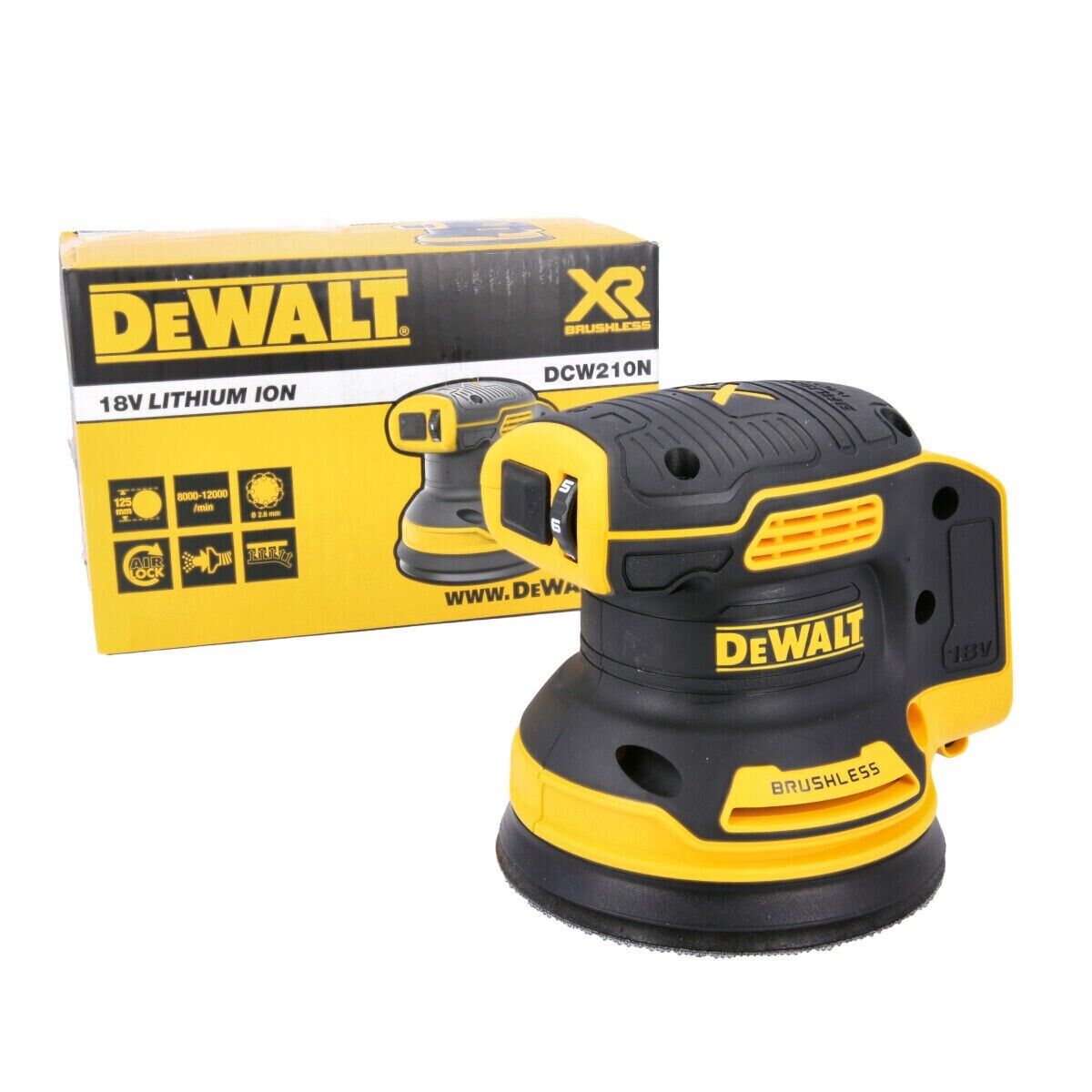 DeWalt DCW210N 18v XR Cordless Brushless Random Orbit Sander 125mm Body Silver