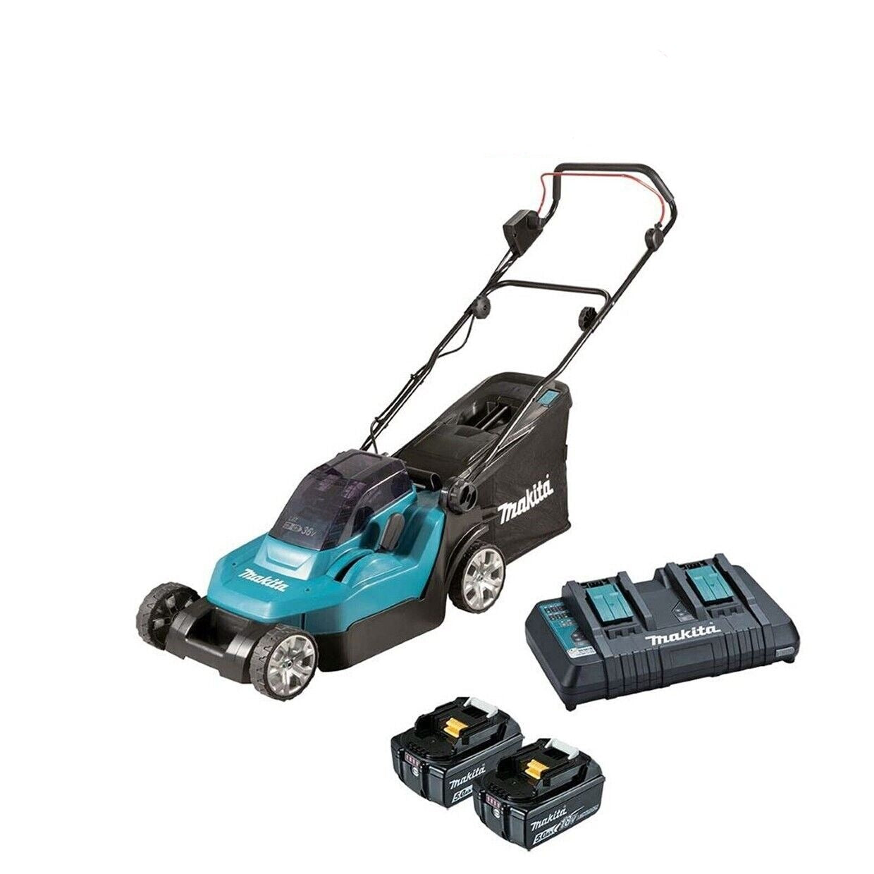 Makita DLM382CT2 Lawnmower 38cm Twin 18v 36v Cordless 2x5ah Batteries Bronze