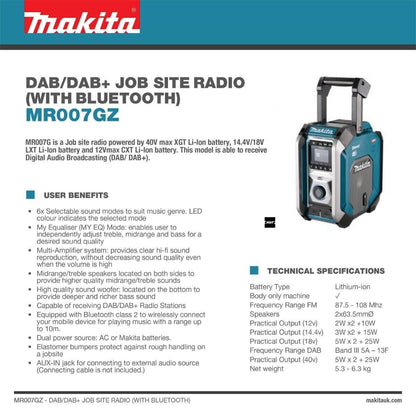 Makita Radio Bluetooth Dab  18V OR 40V  Job Site  MR007GZ Body Only  Gold