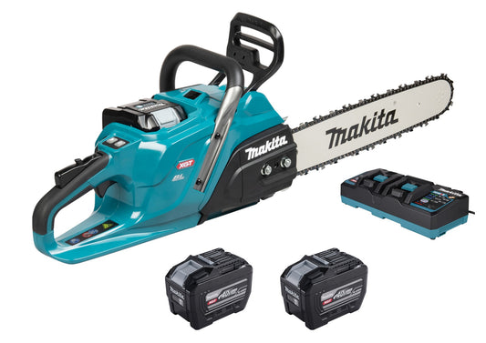 Makita UC030GZKIT 2 x BL4080H AND DOUBLE CHARGER 40V Max XGT 400mm 16" Brushless Rear Handle Chainsaw Body Only Gold